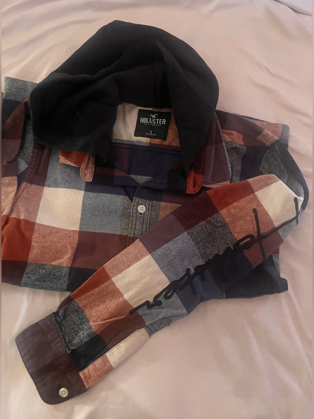 Hollister Men's Plaid Button-Down Shirt with Black Hood - Rust, Navy, Cream